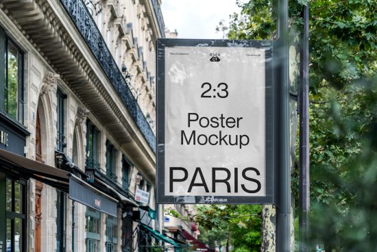 Urban poster mockup displayed on a Parisian street with clear signage and surrounding architecture, ideal for designers' presentations.